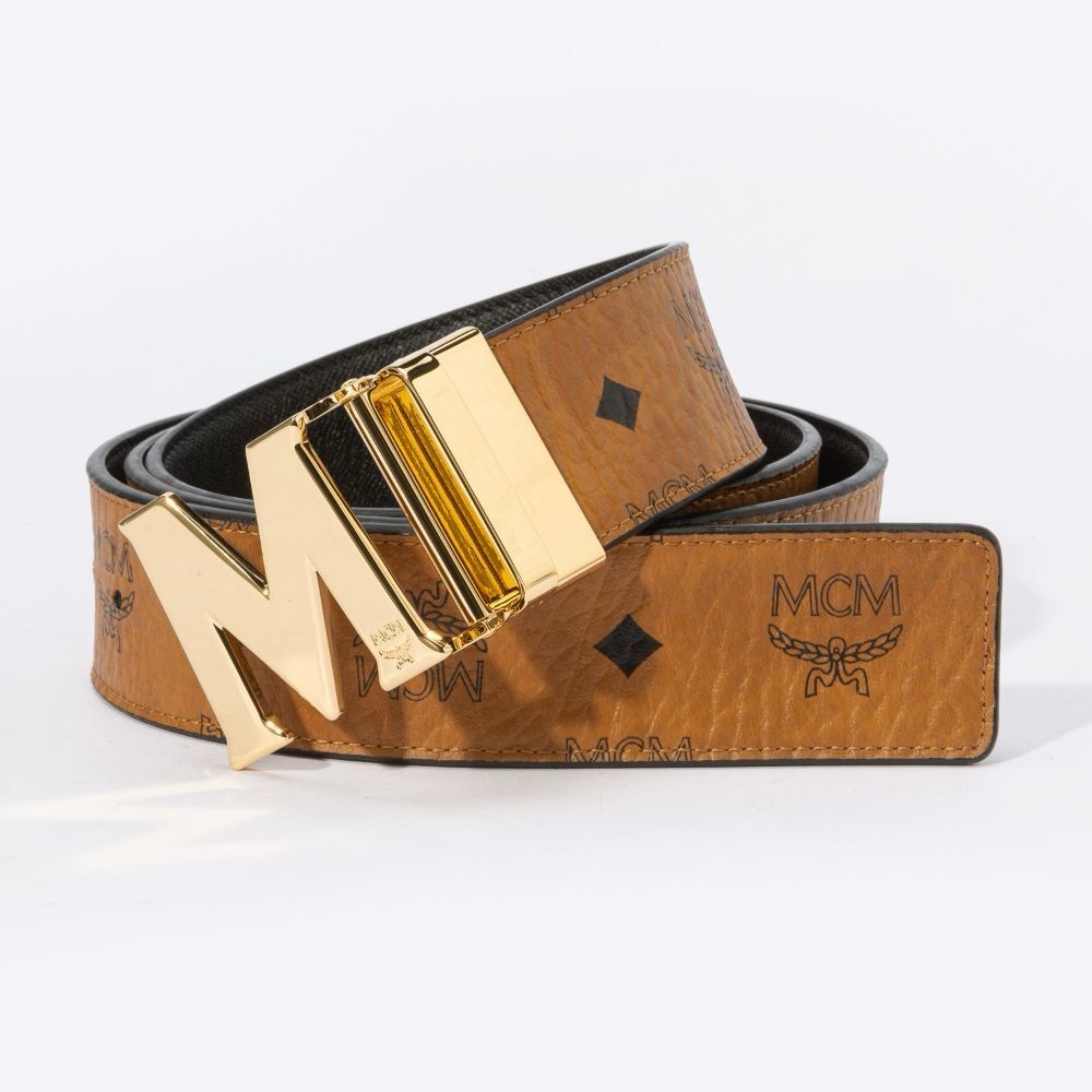 Authentic MCM Cognac Monogram / Black Reversible Men Adjustable Leather Belt